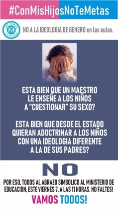 Bajo el lema 'Con mis hijos no te metas', 'Los celestes' buscan detener la modificación de la ley de Educación Sexual Integral| Foto: Twitter @barretogisela7.