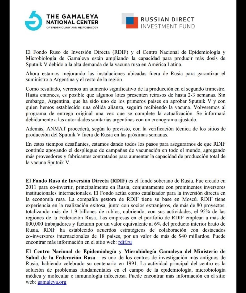 El comunicado del Instituto Gamaleya