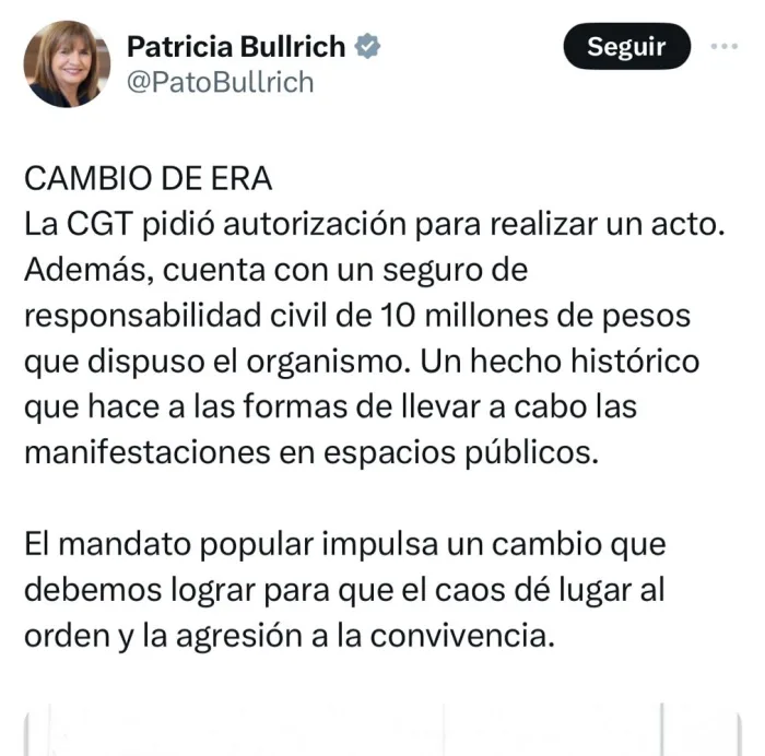 Marcha atrás: Bullrich publicó que la CGT pidió autorización para un ...